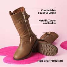 Girls' Knee-High Winter Motorcycle Boots | Faux Fur Lined | Cold Weather Riding - Bronze - View 7