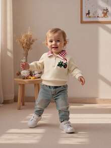 Sudadera navideña para niño pequeño con bordado de hombre de jengibre, manga larga, solapa, cremallera frontal, suéter holgado - Caqui - Ver 3