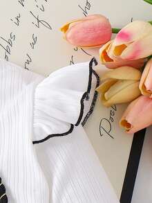 2pcs Young Girls Stylish Cap Sleeve Bow Heart Ribbed Top And Pants Set, Spring/Autumn - White - View 6