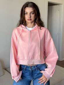 Livesso 女式短款宽松休闲羊毛连帽衫拉链运动衫夹克 - 粉色 - 查看 3