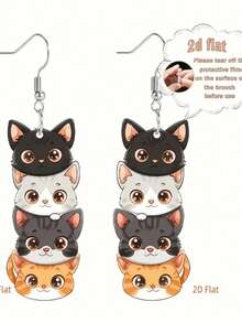 2D, 1 pereche de cercei cu pandantiv drăguți cu patru pisici stratificate, material acrilic model plat 2D, cercei cu pandantiv feminin, cercei rafinați cu animale pisică, cadouri de Ziua Îndrăgostiților pentru Ziua Mamei, Ziua Recunoștinței, Halloween și Crăciun, potrivite pentru purtare zilnică și petrecere