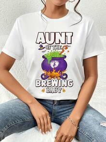 Camiseta gráfica "Brewing Baby Aunt", camiseta para mujer con temática de Halloween, mezcla de algodón suave y cómoda, estampado gráfico único, corte holgado, un regalo ideal para la tía que espera un nuevo miembro de la familia, ropa elegante para uso diario, tela duradera de alta calidad, talla extragrande. - Blanco - Ver 1