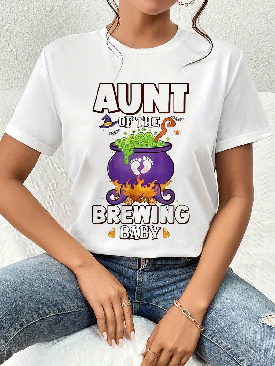 Camiseta gráfica "Brewing Baby Aunt", camiseta para mujer con temática de Halloween, mezcla de algodón suave y cómoda, estampado gráfico único, corte holgado, un regalo ideal para la tía que espera un nuevo miembro de la familia, ropa elegante para uso diario, tela duradera de alta calidad, talla extragrande. - Blanco - Ver 1
