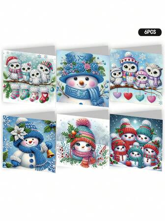 6 件/套圣诞主题钻石画贺卡套装，DIY 5D 独特水晶艺术装饰画圣诞明信片工艺品，马赛克手工创意礼品，优质工艺纸材料，适用于派对用品、圣诞节和节日新年祝福。