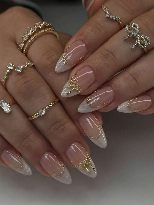 24 Pcs French-Style Pointed Press-On Nails Medium Almond Press-On Gradient Nails Y2K Style With Gold 3D Bow Decoration Shiny And Vibrant Finish Removable Design Novel Style Full Coverage Suitable For Women's Daily Wear