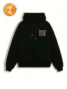 Sudadera con capucha talla grande para hombre, camisetas de estilo callejero con patrón emo, ropa de baloncesto barata, Manfinity Hombre, Youngboy Never Broke Again, pantalones de chándal de la serie Friends, sudaderas con capucha de anime para Halloween, sudadera negra, sudadera casual con estampado en inglés "FAITH OVER FEAR", sudadera blanca casual y versátil con cordón negro, ropa deportiva para hombre, Y2K, adecuado para uso diario, otoño/invierno - Negro - Ver 3