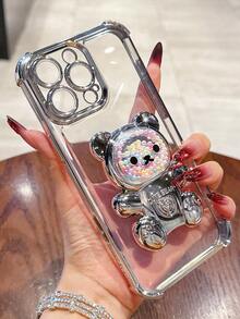 MewTrek 奢华电镀透明银色手机壳，创意可爱小熊支架，饰以闪亮水钻，展现Y2K风格，防震防刮，全新夏季硅胶软壳保护套，兼容 16/16E/15/14/13/12/11/X/XS/XR/8/7 Plus/Pro/Max/Mini，兼容Galaxy S24/S25 Ultra，兼容Redmi，兼容Honor，兼容OPPO Reno，兼容MOTO，兼容Infinix Women 2025，国际版，非国内版 - 銀色 - 查看 6