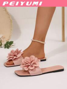 Women's Elegant Flat Sandals, Fashionable Floral Decor, Comfortable & Versatile, Suitable For Outdoor And Beach Wear - Pink - View 6
