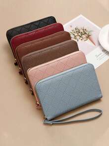 Girl's Rhombus Pattern Coin Purse, Korean Minimalist Large Capacity Card Holder Wallet, Zipper Clutch Bag, Phone & ID Card Case - Multicolor - View 2