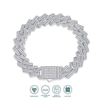 1pc 18K Gold Plated S925 Sterling Silver Fully Paved Moissanite Bracelet, Hip-Hop Style, Suitable For Street Wear, Stage Performance, Party, Or Gift, Comes With GRA Certificate