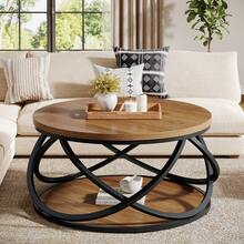 Tribesigns 31.5" Round Coffee Table With Storage Shelves, 2-Tier Circle Center Table With Sturdy Metal Frame, Rustic Accent Cocktail Table For Living Room, Small Space, Brown - Brown & Black - View 1