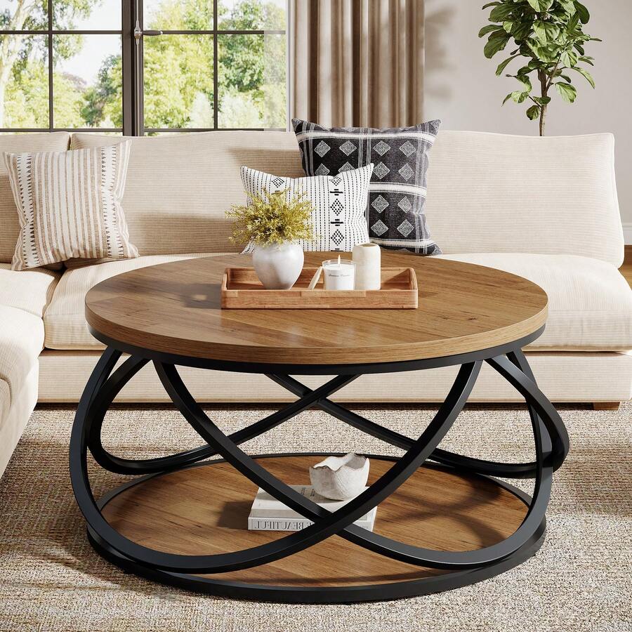 Tribesigns 31.5" Round Coffee Table With Storage Shelves, 2-Tier Circle Center Table With Sturdy Metal Frame, Rustic Accent Cocktail Table For Living Room, Small Space, Brown - Brown & Black - View 1