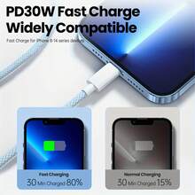 30W 最大功率快充 Type-C 转 Lightning 数据线，兼容 14/13/12/11 Pro Max、XS Max/XR/X/8/7/Plus/6S Plus 和 iPad。USB-C 转 Lightning 数据线，3.3/6.6 英尺 Type-C 接口，兼容 14/13/12/11 Pro Max/XR/XS/X/8/7/6 Plus/SE 和 CarPlay。 - 彩色 - 查看 3