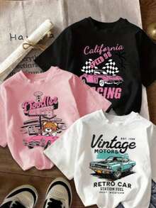 Set Of 3 Women's Beachwear Shirts - Spring/Summer - Short Sleeve T-Shirt - Crew Neck - Streetwear - Vintage - Vacation - PINK/WHITE/BLACK - View 1