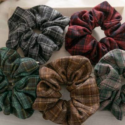 5个复古格子发圈，多功能马尾辫发带，适合浓密头发，秋冬季节适用，发绳发饰头饰