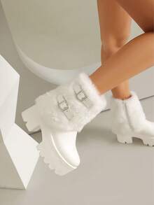 时尚厚底防水人造毛皮靴，女士侧拉链中筒靴，厚底圣诞踝靴 - 白色 - 查看 6