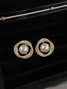 Ellevyn 女士锆石圆形珍珠耳环个性化不对称耳钉优雅高感简约珠宝婚礼女孩女士日常派对配饰、时尚珠宝、最佳朋友礼物 - 銀色 - 查看 10