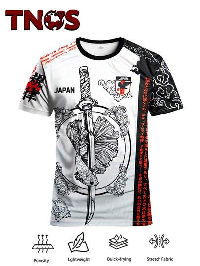 Japan Special Edition Men's Soccer Jersey T-Shirt Men & Youth Soccer Jersey Short Sleeve Football Shirt Samurai Pattern Crew Neck Comfortable Sports Top With Japanese Samurai Culture, Samurai Sword Graphic Print, Suitable For Team Match, Training, Casual, Party Wear