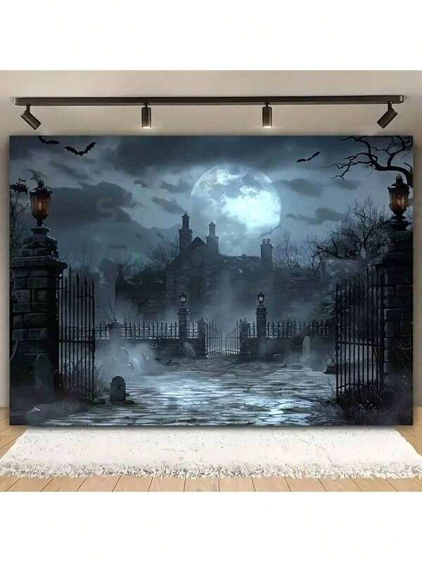 Tela de fondo con escena de cementerio con luna llena y fantasmas de Halloween, de fibra de poliéster duradera, adecuada para decoración y fotografía tanto en interiores como en exteriores, de 39x59 pulgadas o 70.8x90.5 pulgadas