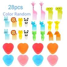 28 pièces Cure mini-fourchettes à pics d'aliments de dessin animaux, sélection de collations pour enfants, gâteaux, desserts, fourchettes à fruits, moules à muffins en silicone en forme de cœur