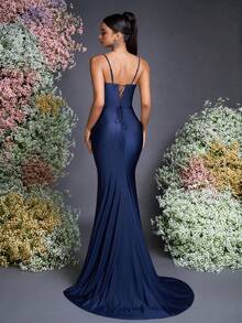 AOSHABABI 蓝色露肩长裙，优雅的颈部和肩部设计，美人鱼下摆，浪漫的系带，适合正式场合、音乐节、联欢晚会、婚礼、毕业典礼、鸡尾酒会、约会、节日和伴娘 - 藏蓝色 - 查看 6