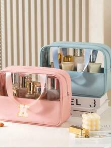 1 pieza Bolsa de aseo transparente con letra, nueva bolsa de maquillaje cuadrada de unicolor a la moda con letras bordadas, organizador de maquillaje de chenilla impermeable de PVC con parche de letra inicial minimalista, bolsa de aseo de viaje para mujeres para el baño, decoración del hogar, vacaciones, accesorios de baño, regreso a la escuela