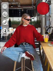 Sweater Pullover Lengan Panjang Kerah Bulat Warna Polos Longgar Kasual - Merah - View 7