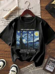 Camiseta de Manga Corta con Estampado Artístico "Noche Estrellada" de Van Gogh para Mujer - Cuello Redondo, Negra y Transpirable, Ideal para Atuendos Casuales e Inspirados en el Arte Camiseta casual artística con estampado de Van Gogh, diseño holgado, cuello redondo, manga corta, primavera-verano, ideal para uso diario - Negro - Ver 2