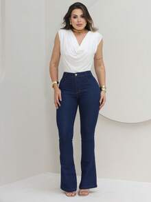 Women's Flare Jeans, High Waist, Bell Bottom - 藏蓝色 - 查看 4