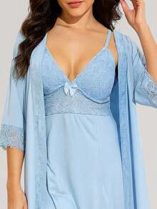 Women's Sensual Nightgown With Bow And Lace Details + Microfiber Robe With Lace PAULA. - 淺藍色 - 查看 4