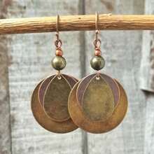 Anniversary Jewelry Accessories Vintage Round Bronze Carved Pendant Earrings For Women Bohemian MetalOld Distressed Beaded Dangle Earrings Girl Gift - 耳環 - 查看 2