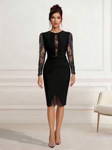 Einfarbiges Patchwork elegantes Spitzenintarsien-Reißverschluss - Schwarz - Übersicht 3