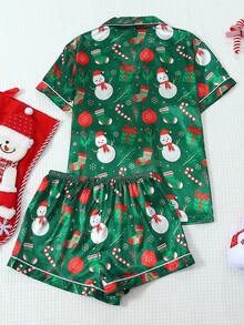 Bộ đồ ngủ satin 2 món, áo ve áo tay ngắn in hình người tuyết và quần short nơ, đồ ngủ nữ mặc ở nhà, Giáng sinh - màu xanh lá - Xem 2