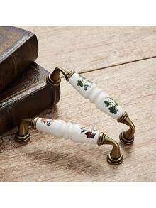 4/6pcs Rustic Ceramic Cabinet Handle With Green And Brown Floral Pattern-Antique Bronze Finish, Country Style Cabinet Door And Drawer Furniture Knob