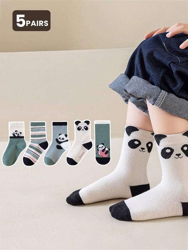 5 Pairs Kids Cute Panda Striped Mid-Calf Socks