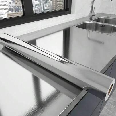 Protector salpicaduras de cocina con patrón metálico plateado, adhesivo de renovación para refrigerador, película protectora para electrodomésticos, papel de pared de cocina impermeable y anti-aceite, adhesivo protector para encimera