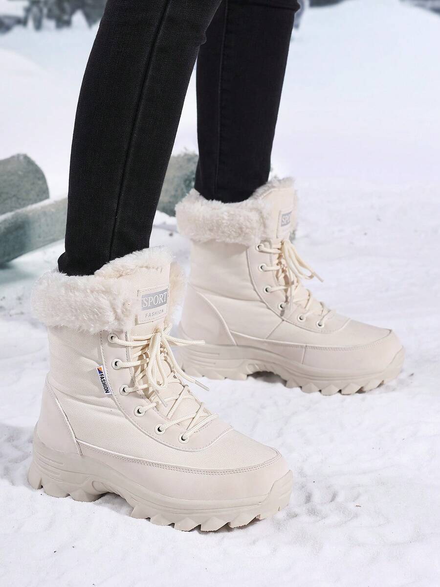 Women's Snow Boots, Thick Thermal Lining, Warm, Outdoor High-Top Boots, Lace-Up, Ski Boots, Fashion Mid-Calf High-Top Boots, Winter Sports Boots - Beige - View 1