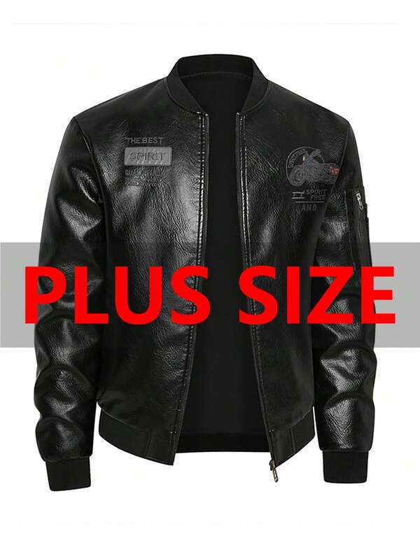 Plus Size Men's Fashion PU Leather Jacket - Casual Baseball Collar, With Pockets, Plus Size, Suitable For Spring & Autumn, Great For Casual Wear