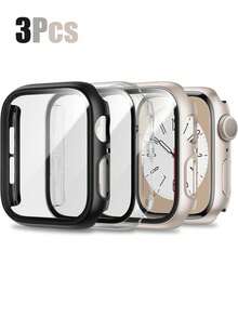 3 件装 PC + 钢化玻璃一体式表壳，防摔时尚保护套，兼容 表壳 40/41/42/44/45/46/49 毫米，兼容 Series Ultra/Se/11/10/9/8/7/6/5/4，智能手表配件男女款 - 透明+黑色+星光色 - 查看 10