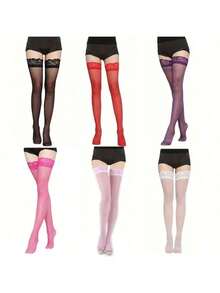 2  Pairs Of Seductive Lace Top Thigh High Stockings - Party Essential, Super Soft, Stay-Up Design - Fashion-Forward Womens Hosiery For Over The Knee Glamour - 紫色 - 查看 2