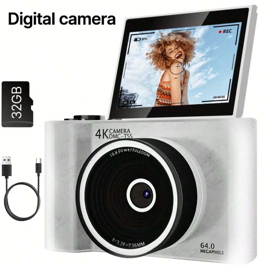 W&O 5K Digital Camera For Photography Autofocus, 2025 Newest 64MP Vlogging Camera With 32G TF Card, 1 Battery, 3 Inch 180° Flip Screen, Compact Travel Camera For Teenagers With 16x Zoom, Anti-Shake, Great Gift For Beginners - trắng - Xem 1