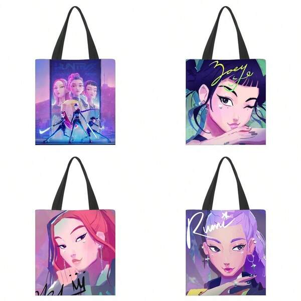 Glam Anime Character Tote: Sparkle & Purple Hair Art, Chic Everyday Carryall For J-Fashion Lovers & Art Enthusiasts, Spacious & Resilient Fabric