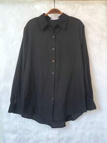 Women's Long Sleeve Linen Shirt - 黑色2 - 查看 2