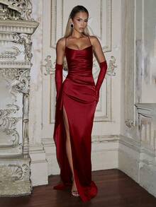 优雅性感缎面无肩带荷叶边腰身派对礼服、伴娘礼服、正式礼服