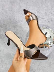 女士尖头穆勒高跟鞋，性感收腰宽鞋面，优雅小猫跟，高跟鞋，适合春夏时尚、派对、休闲、户外、旅行，前卫一脚蹬凉鞋，亮面高科技金属银灰色 - 灰色 - 查看 2