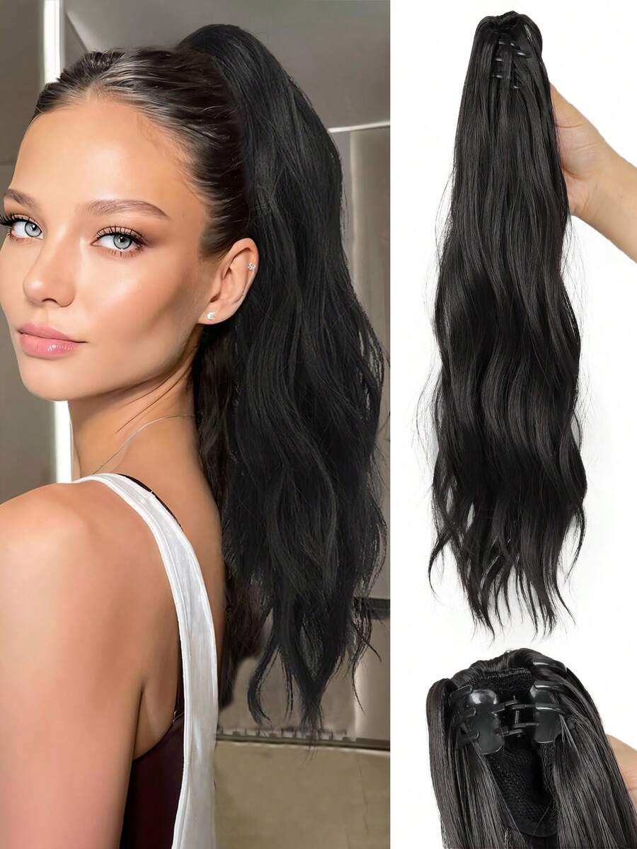Synthetic Ponytail Extension,Dark Brown 18 Inch Claw Clip Ponytail Extension, Soft Wavy Curly Clip On Ponytails For Women Heat Resistant Synthetic Hairpiece For Daily Use - Multicolor - View 1