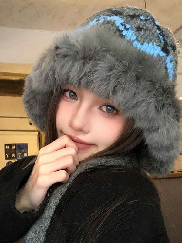 1warm And Thick Plush Knitted Ear Protection Bucket Hat, Thick Plush Winter Lace Up Warm And Cold Proof Basin Hat Winter Warm