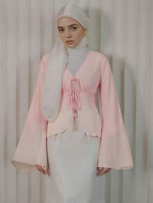 Elegant Waist Cinched Long Sleeve Muslim Women Blouse, Pink - Pink - View 2