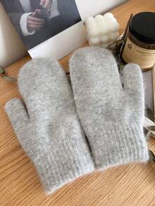 1 Pair Women's Solid Color Rabbit Thermal Lined Double-Layer Thick Knitted Fingerless Gloves, Suitable For Parties, Driving, Cycling, Hiking, Running, Keeping Warm In Cold Weather