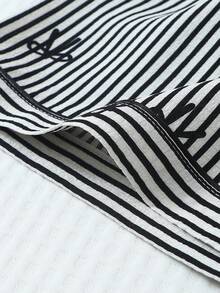 2pcs Comfortable Blue Striped Heart Collar Button Short Sleeve Top With Pocket And Bow Shorts Pajama Set, Suitable For Home Wear, Spring/Summer - Black - View 7
